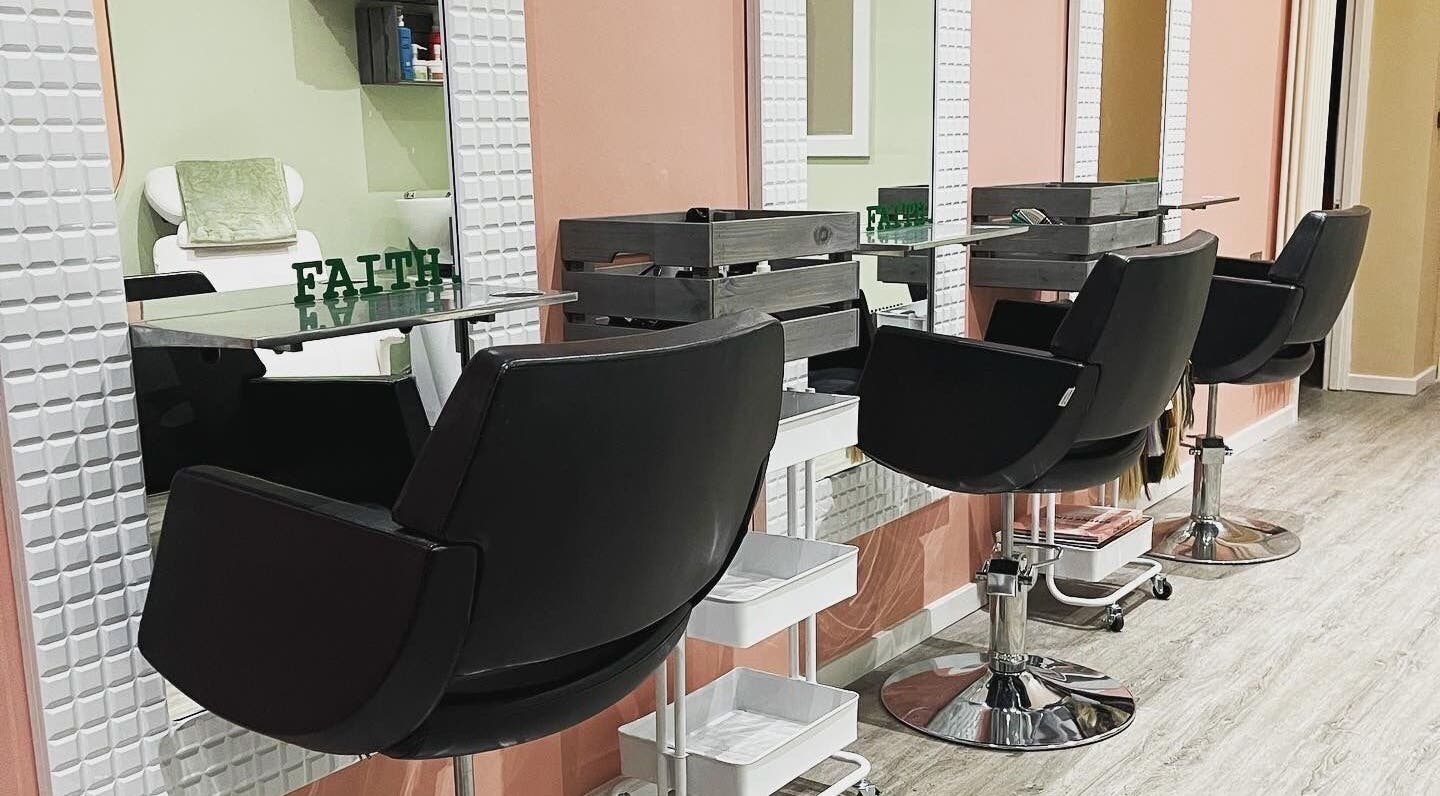 Stylish salon chairs at Faith. Hair and Beauty in Chislehurst, England, GB.