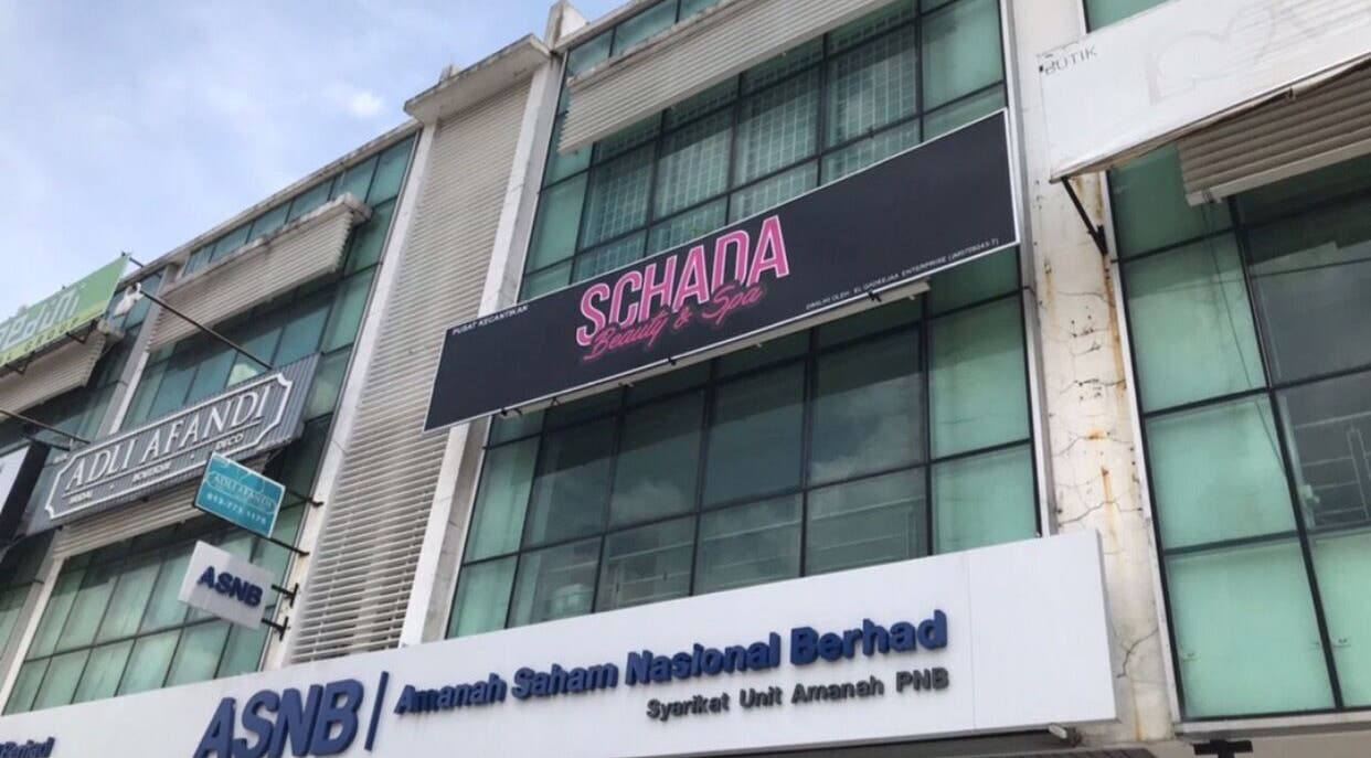 Exterior of Schada Beauty and Spa in Johor Bahru, Johor, MY, showcasing its modern signage.