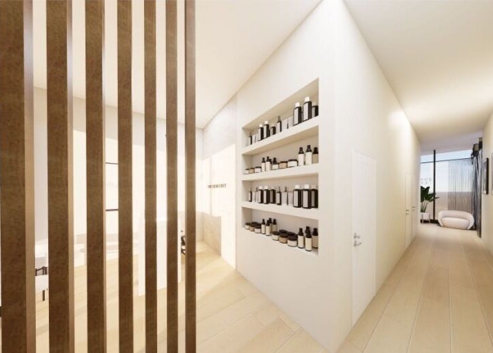 Minimalist hallway with product shelves at The Skin Edit - Bullsbrook, Bullsbrook, Western Australia, AU.