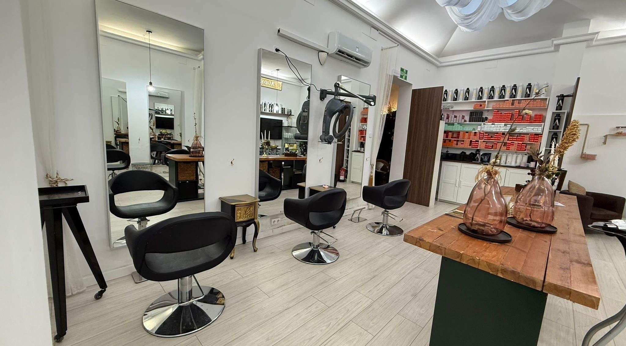 Interior moderno de Aude Perruqueria en Barcelona, Catalunya, ES, con sillas negras y espejos grandes.