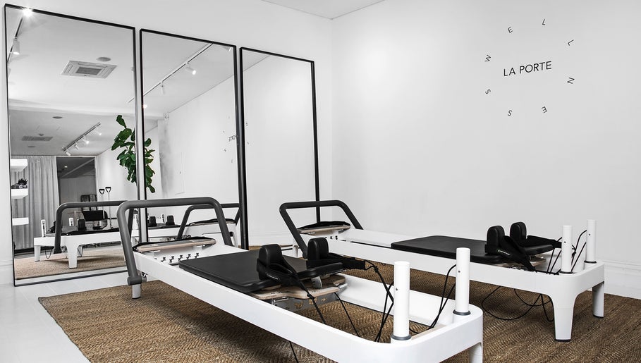 Sleek Pilates reformer machines at La Porte Wellness, Rosebery, New South Wales, AU.