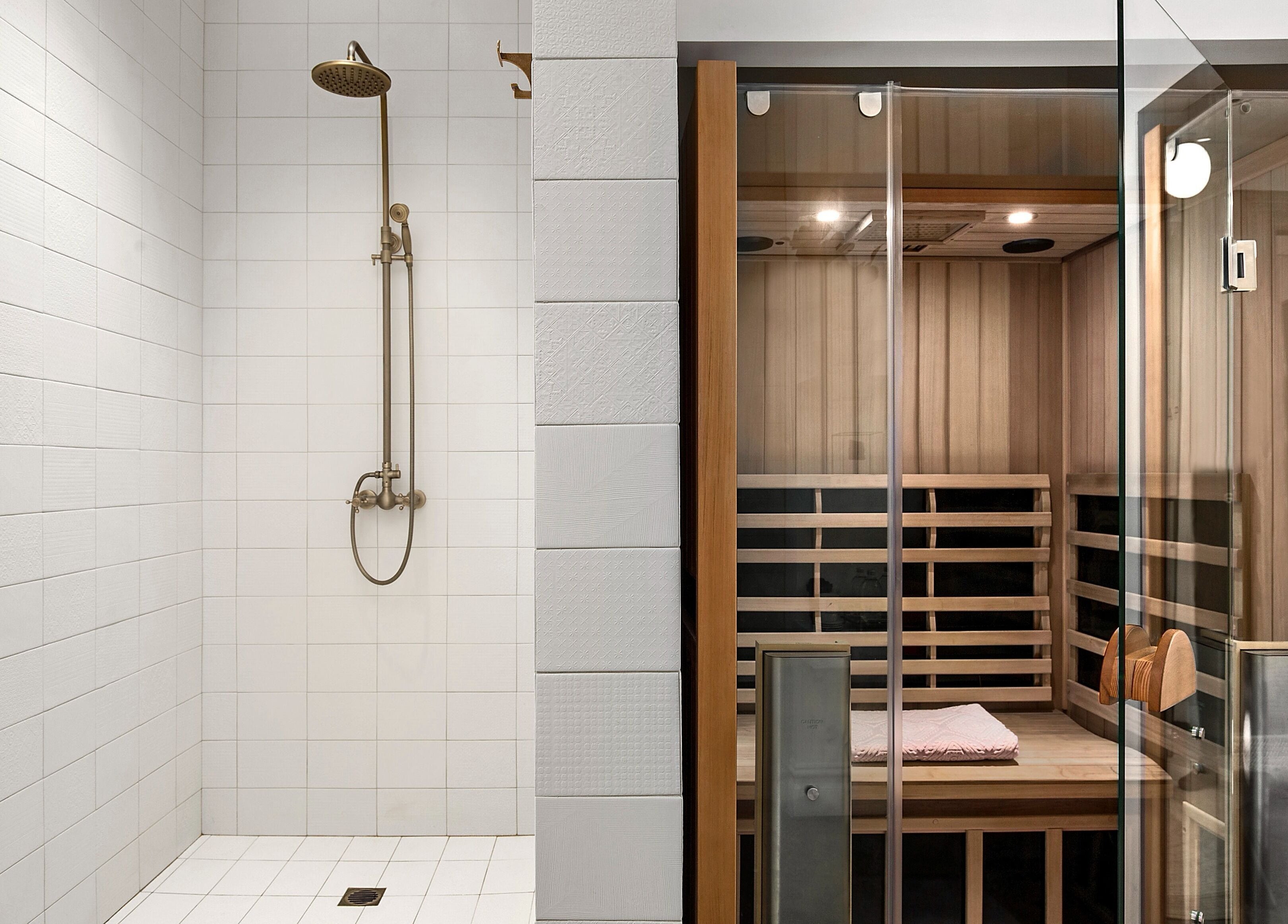 Modern steam shower and sauna at La Porte Wellness in Rosebery, New South Wales, AU.
