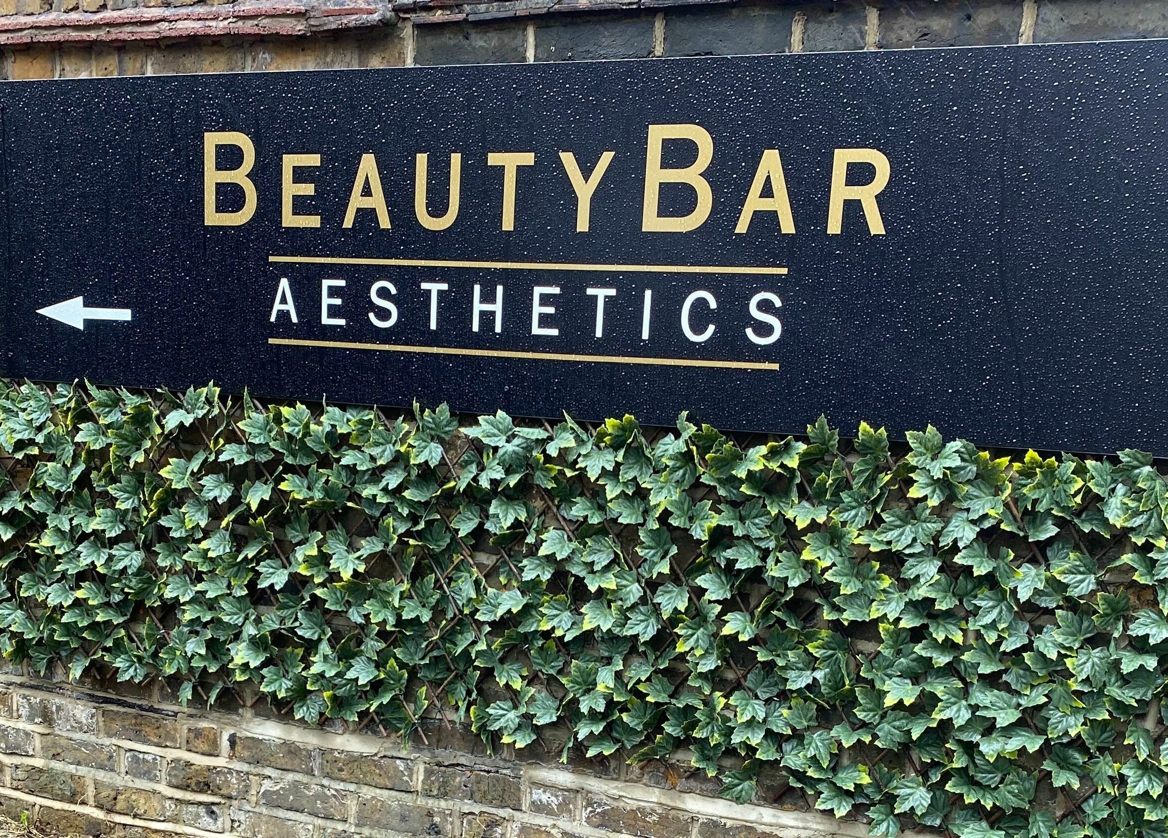 Beautybar Aesthetics sign with ivy in London, England, GB.
