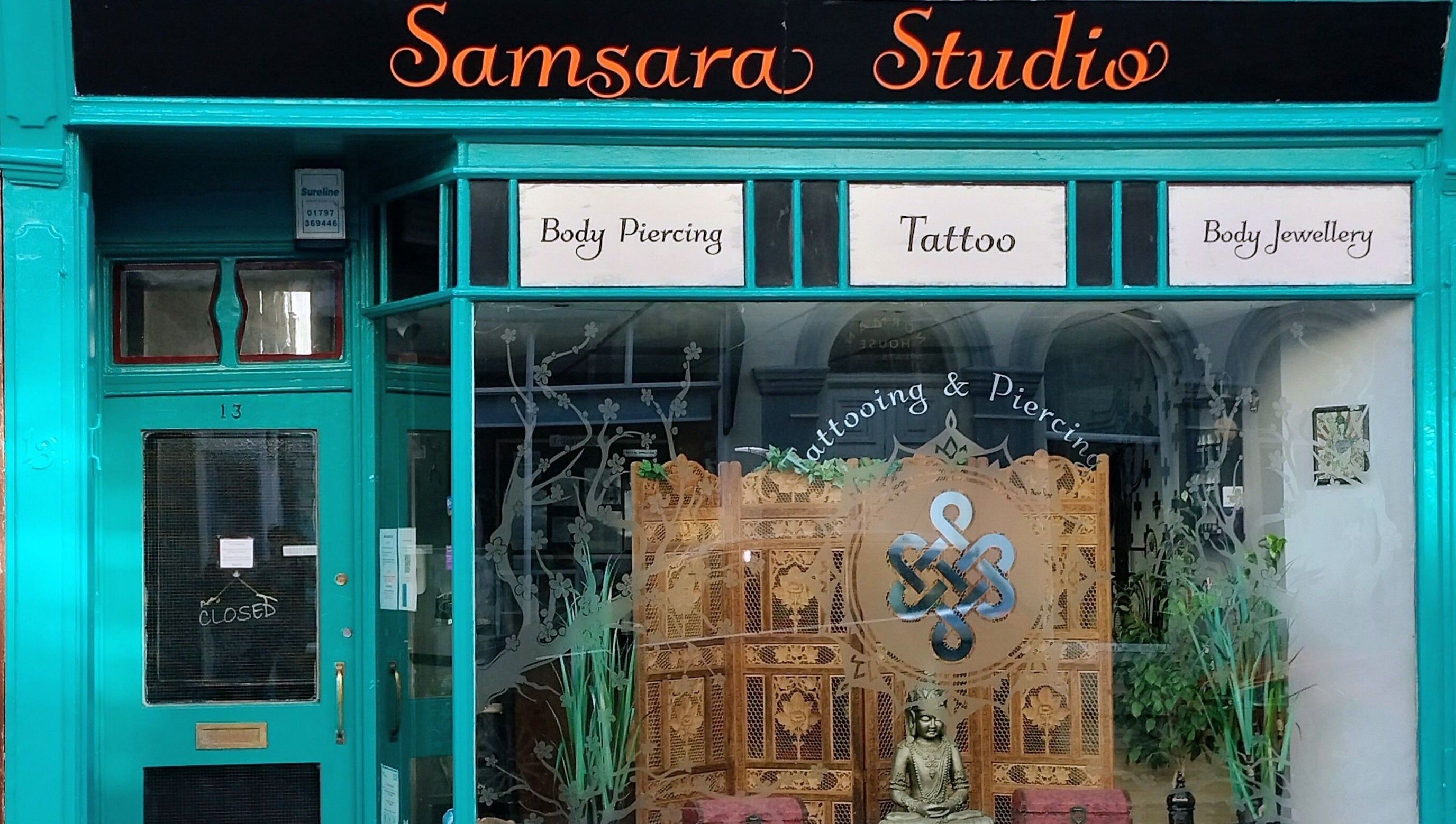 Front view of Samsara Studio in Folkestone, England, GB, showcasing body piercing and tattoo services.