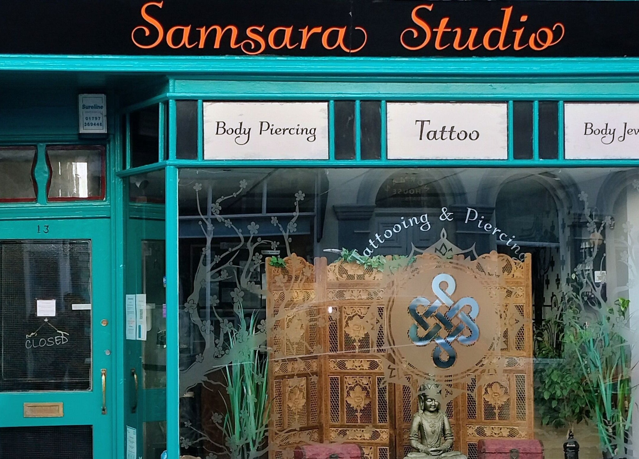 Front view of Samsara Studio in Folkestone, England, GB, showcasing body piercing and tattoo services.