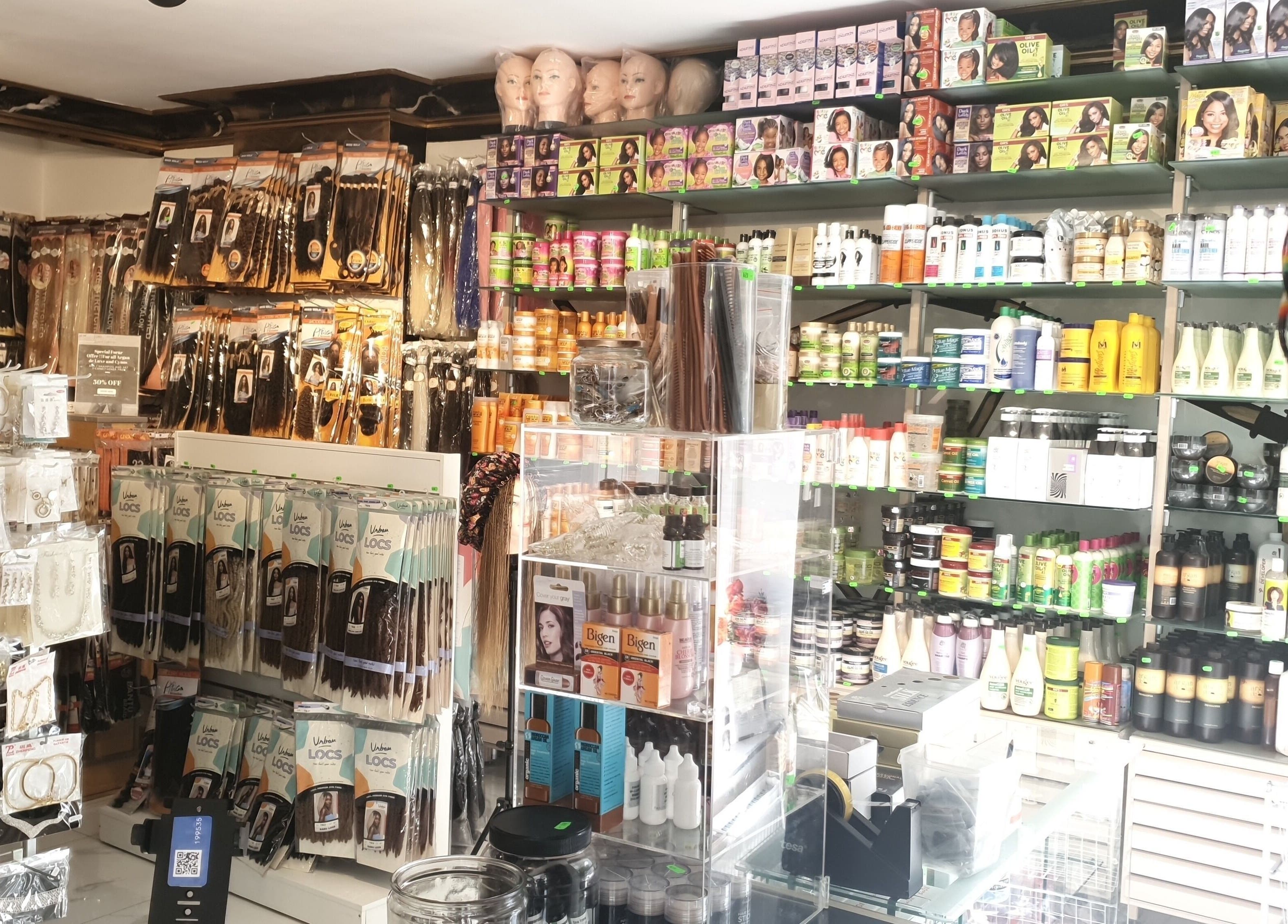 Afrohagen Salon and Kosmetik's vibrant product display in Frederiksberg, Denmark, DK showcasing hair and beauty items.