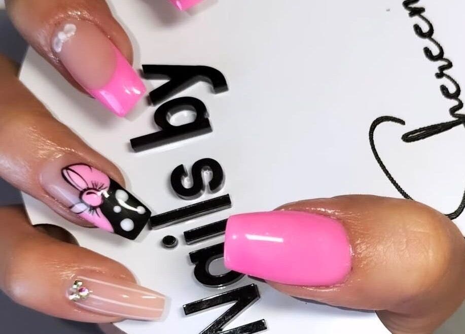 Vibrant pink nail art showcasing creative design from Me Time, Edenvale, Gauteng, ZA.