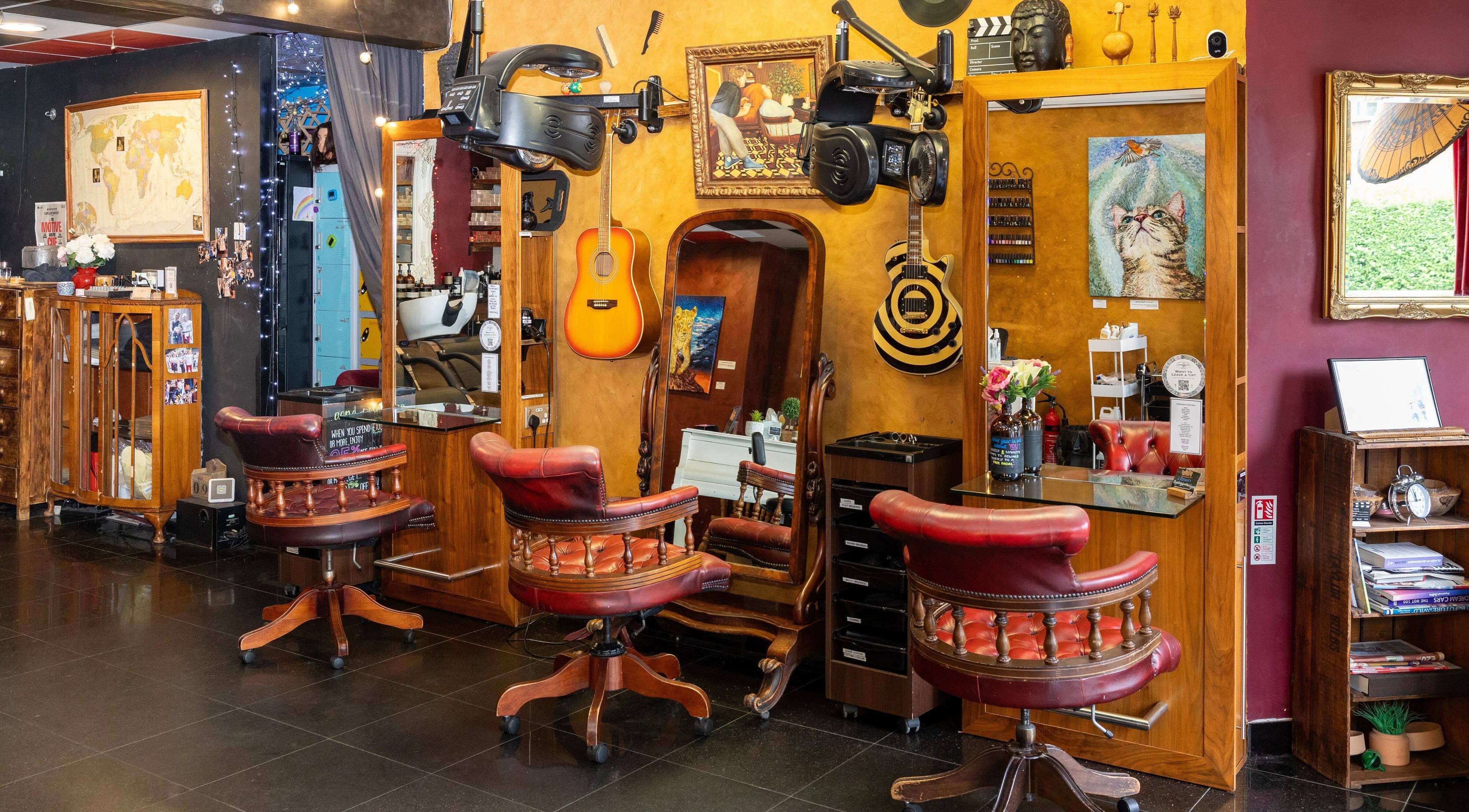 Vintage interior of Love & Dye, Organic Hair and Beauty Salon in London, England, GB with retro styling chairs.