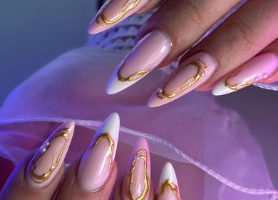Elegant nail art with gold accents at Get The Gloss, Hamilton, Scotland, GB.