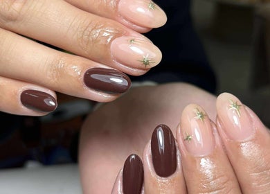 Elegant nail art with brown and nude tones at Get The Gloss, Hamilton, Scotland, GB.