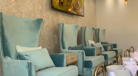 Elegant pedicure chairs at Champagne Nail Bar in Santa Barbara, California, US for ultimate relaxation.