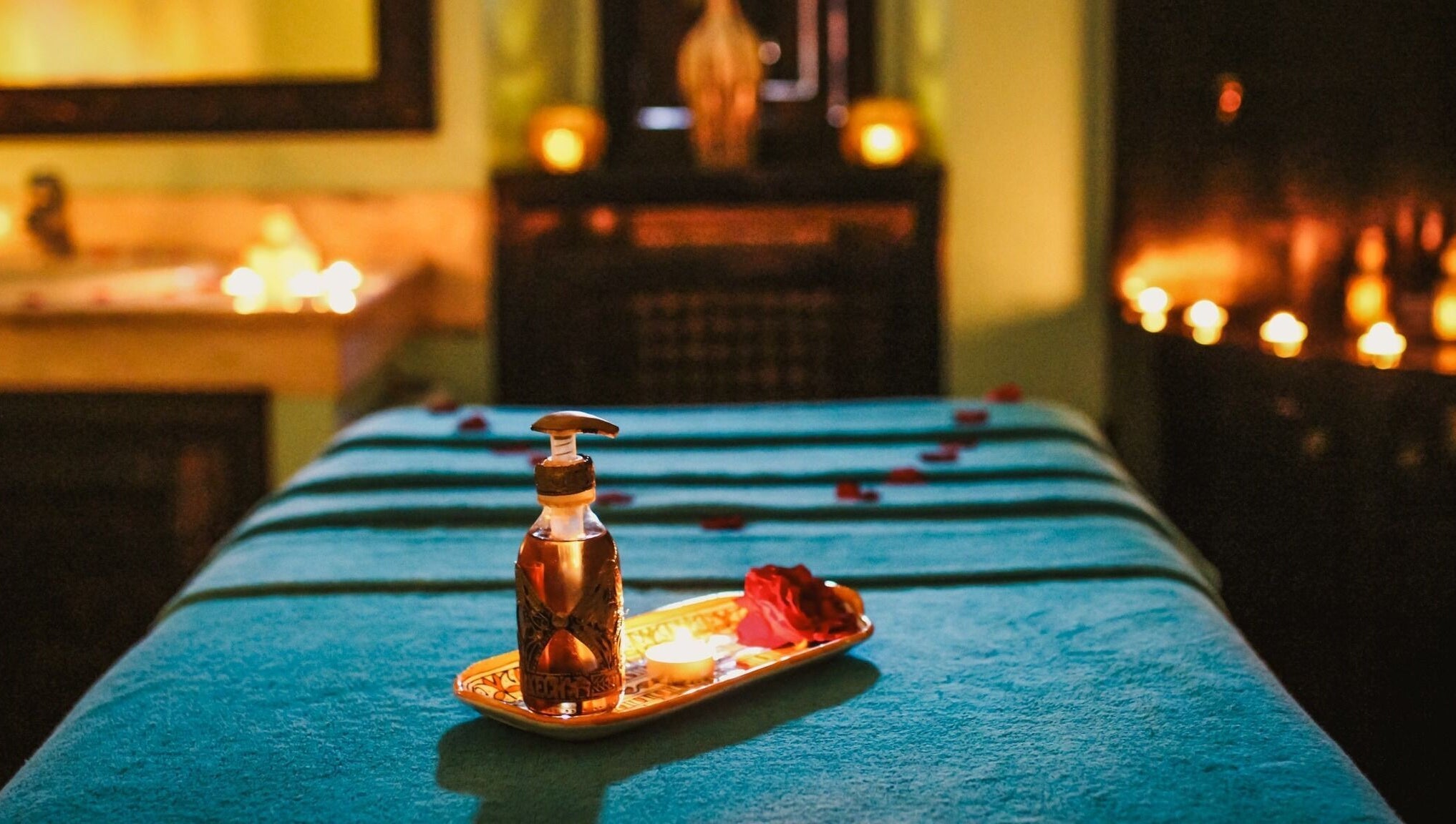 Relaxing spa setup at Spa Les Borjs de la Kasbah, Marrakesh, Marrakesh-Safi, MA with candles and oils.