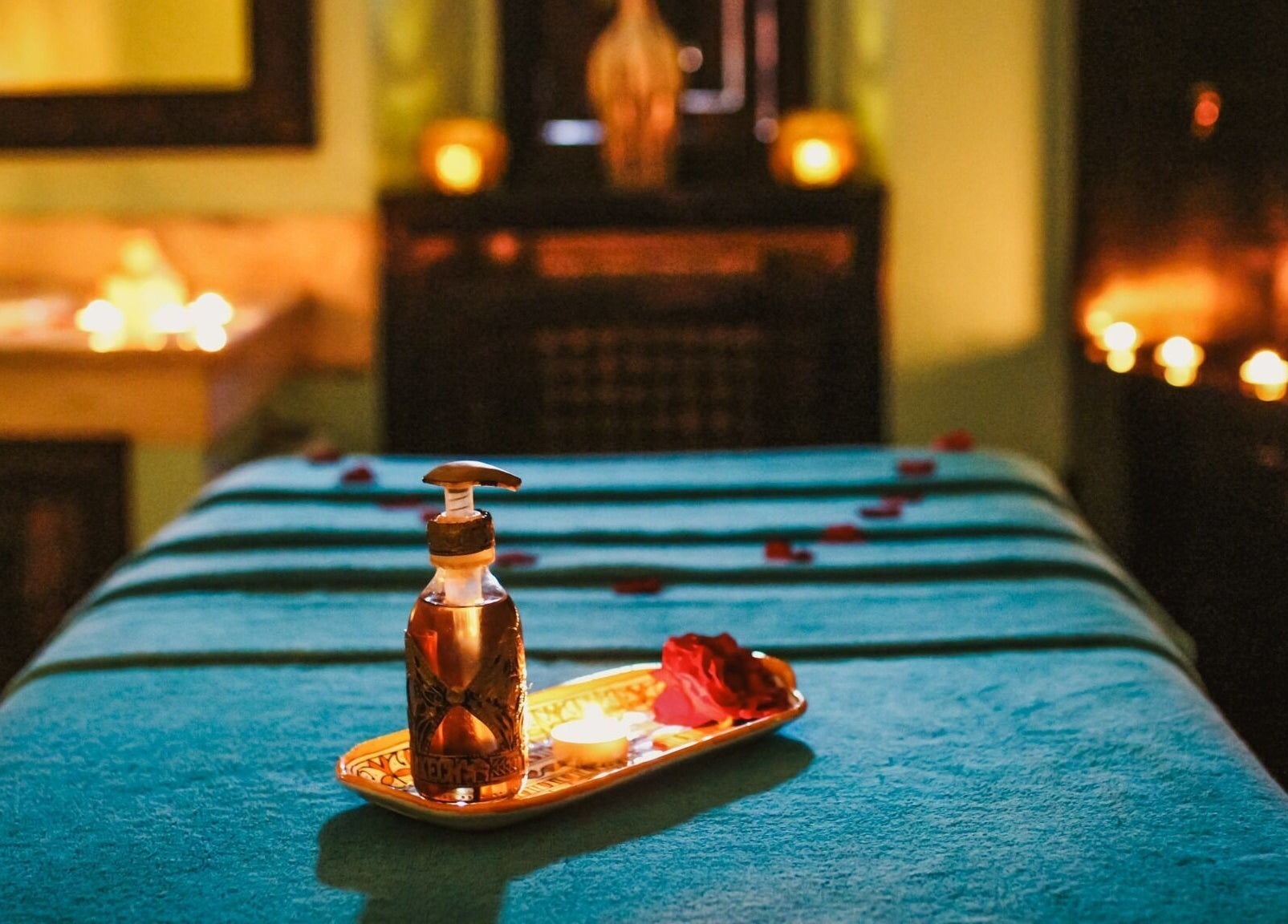 Relaxing spa setup at Spa Les Borjs de la Kasbah, Marrakesh, Marrakesh-Safi, MA with candles and oils.