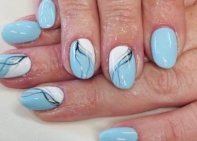 Beautiful blue and white wavy nail art at Suzi Q Nails, Melbourne, Victoria, AU.