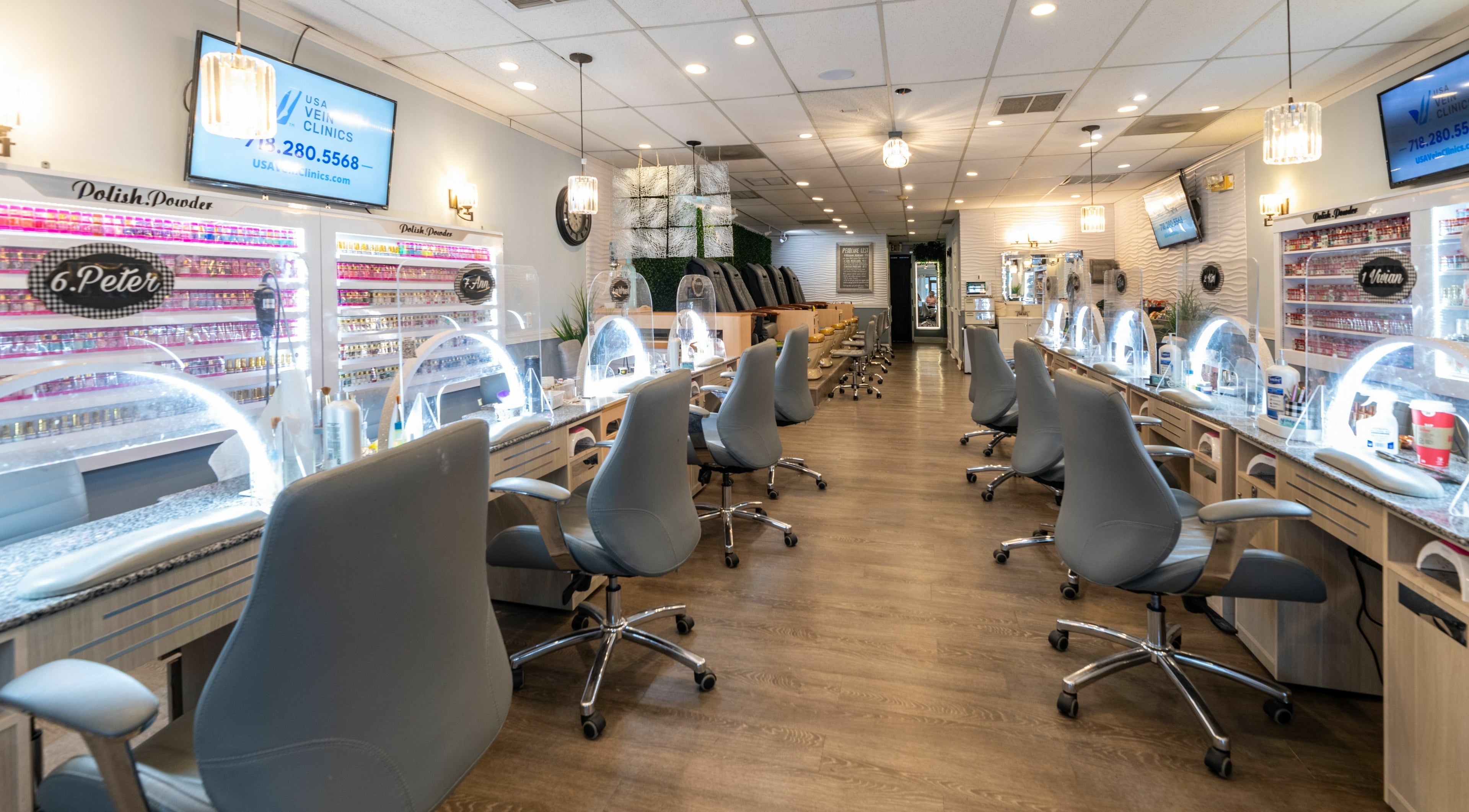 Elegant nail salon at Nj Image Nails in Toms River, New Jersey, US with stylish seating and bright lighting.