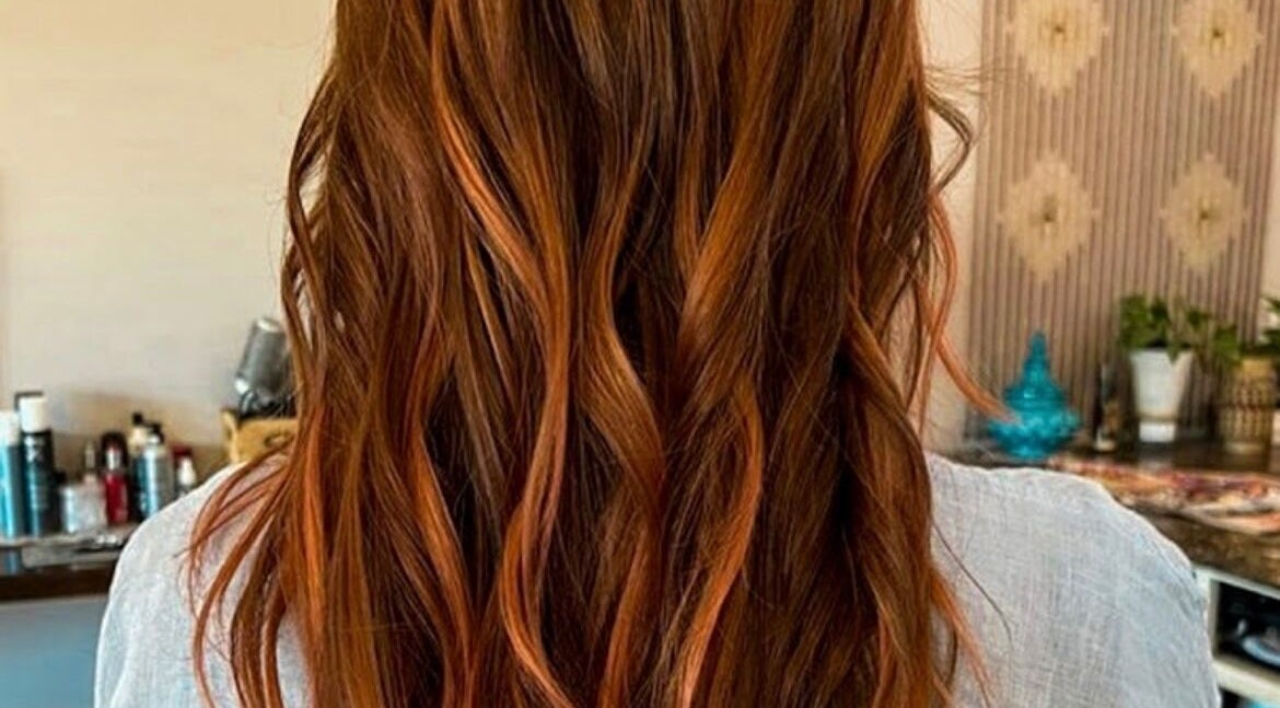 Gorgeous auburn waves styled at Cabo Glam Hair Studio, Cabo San Lucas, Baja California Sur, MX.