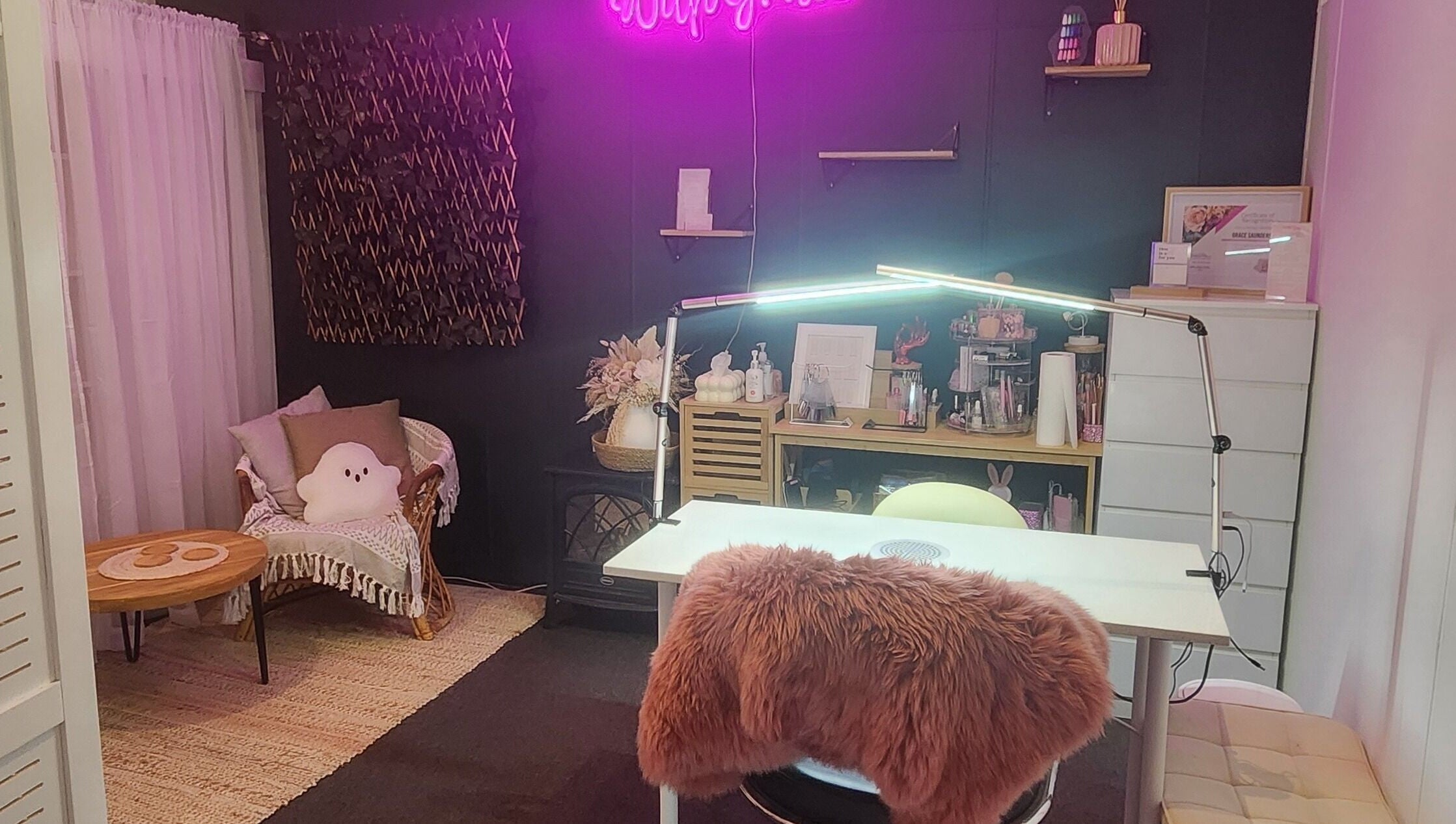 Cozy nail studio at With Grace Creative - Nails & Education in Rangiora, Canterbury, NZ, with stylish decor.