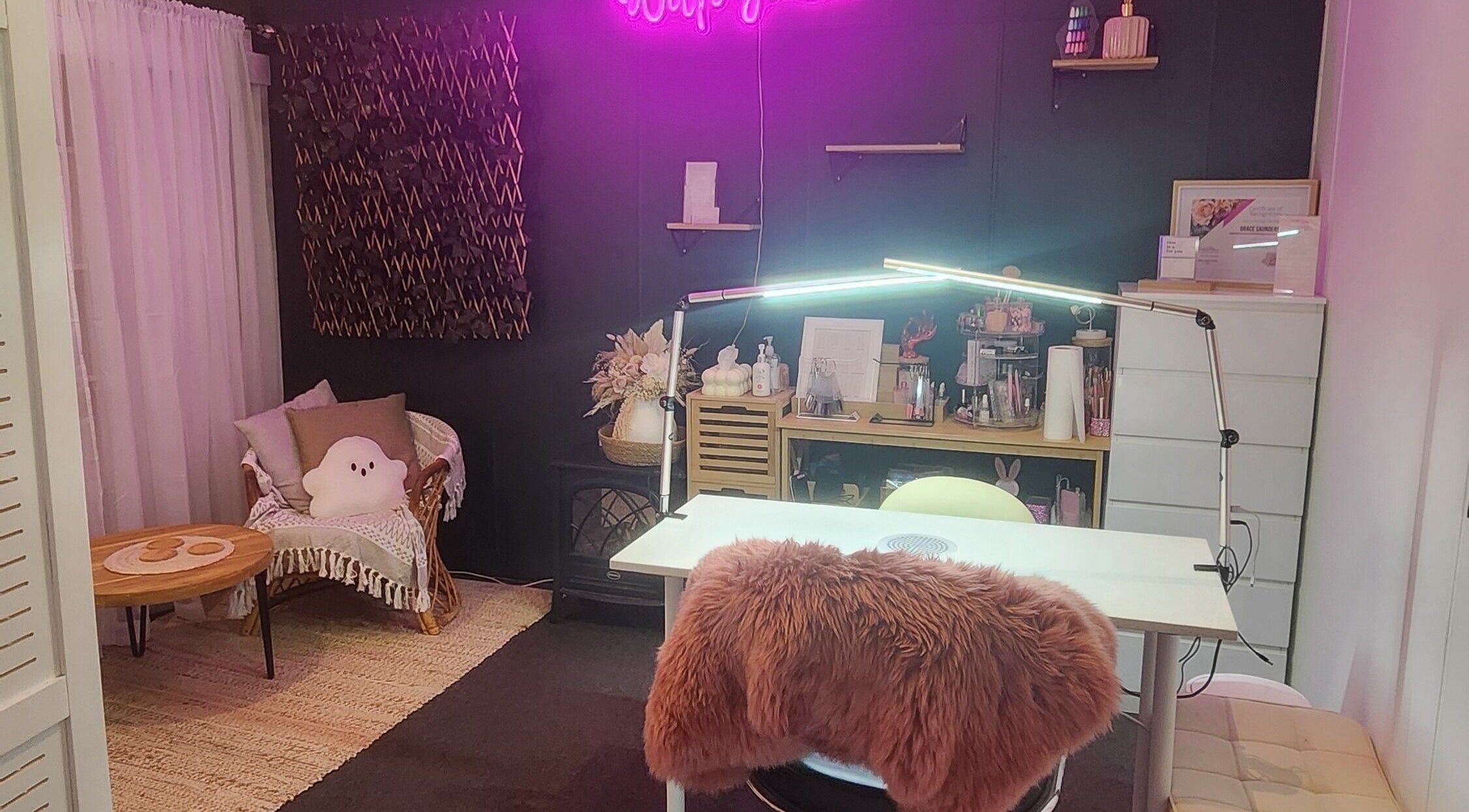 Cozy nail studio at With Grace Creative - Nails & Education in Rangiora, Canterbury, NZ, with stylish decor.