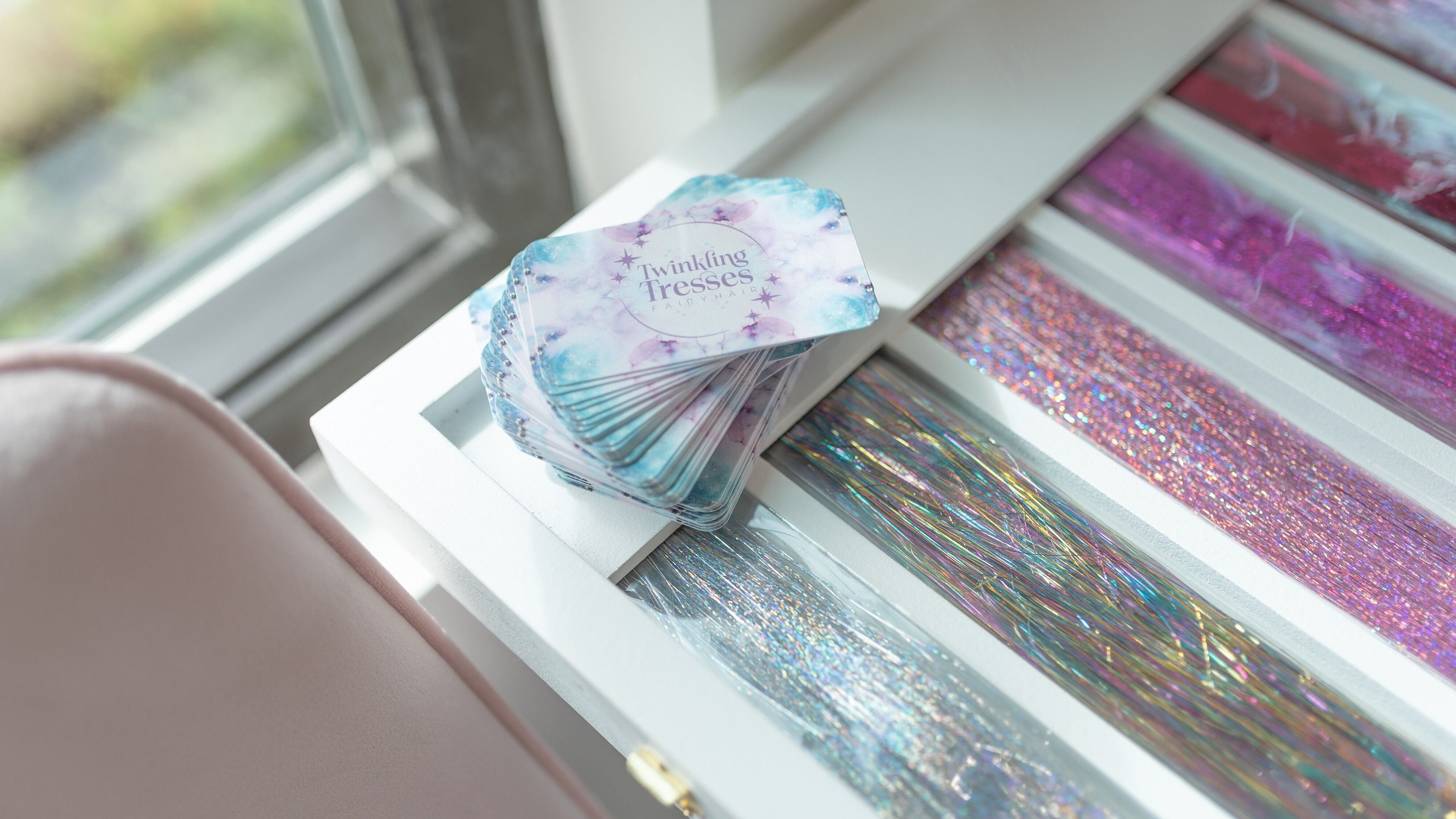 Twinkling Tresses cards displayed with shiny hair accessories at Lakeland, Florida (COhatch).
