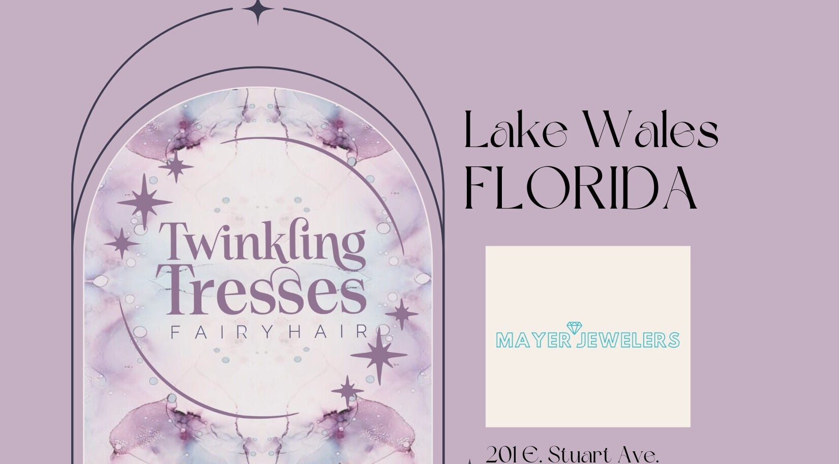 Twinkling Tresses sign at Mayer Jewelers, Lake Wales, Florida. Elegant design with stars and pastel hues.