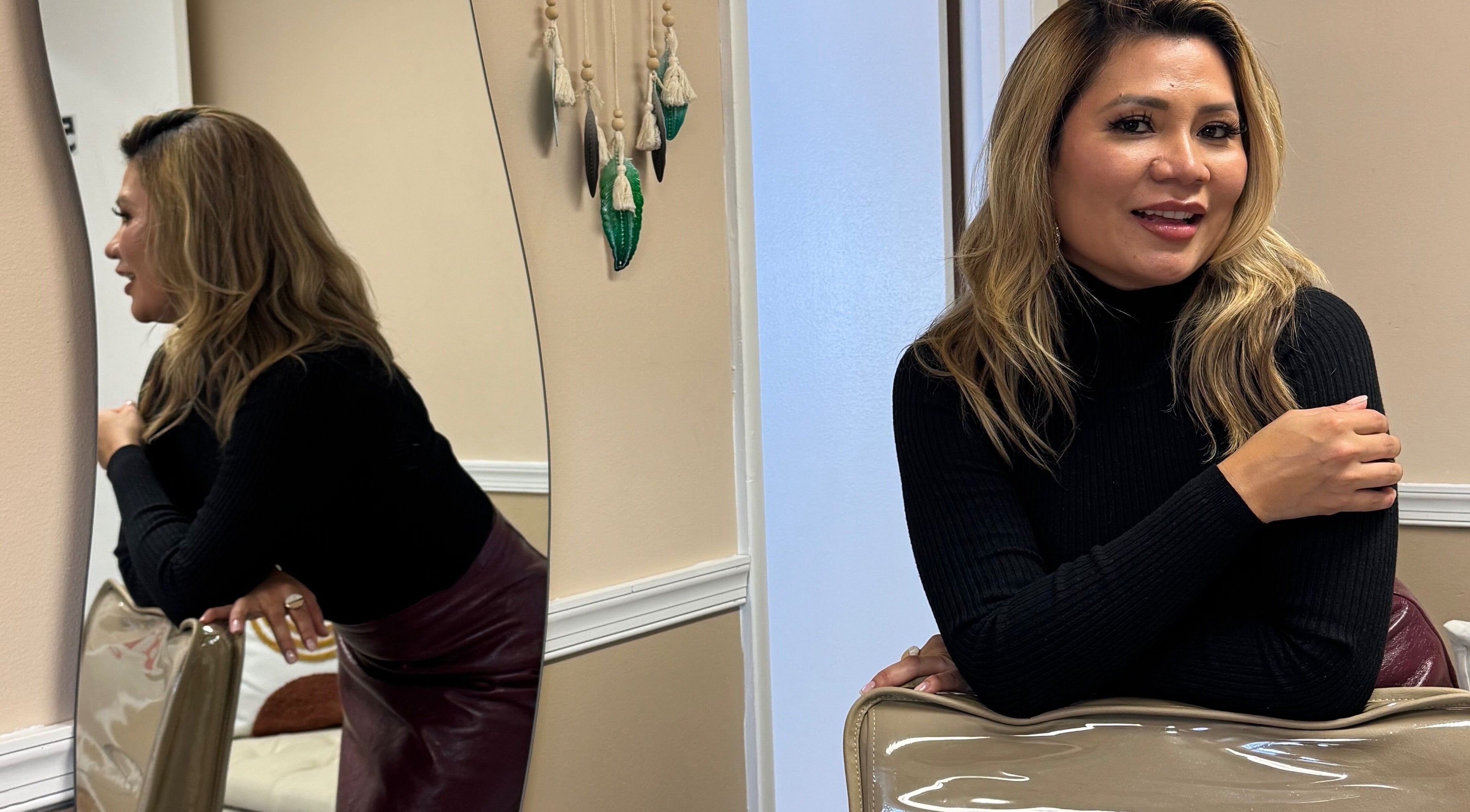 A stylish woman at EL Sal On by Heydi Martinez in Glen Burnie, Maryland, US, stands against a mirror.