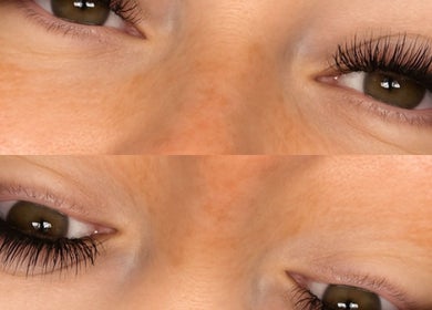 Before and after lash extensions at Plush Beauty, Corby, England, GB showcasing dramatic eye transformation.