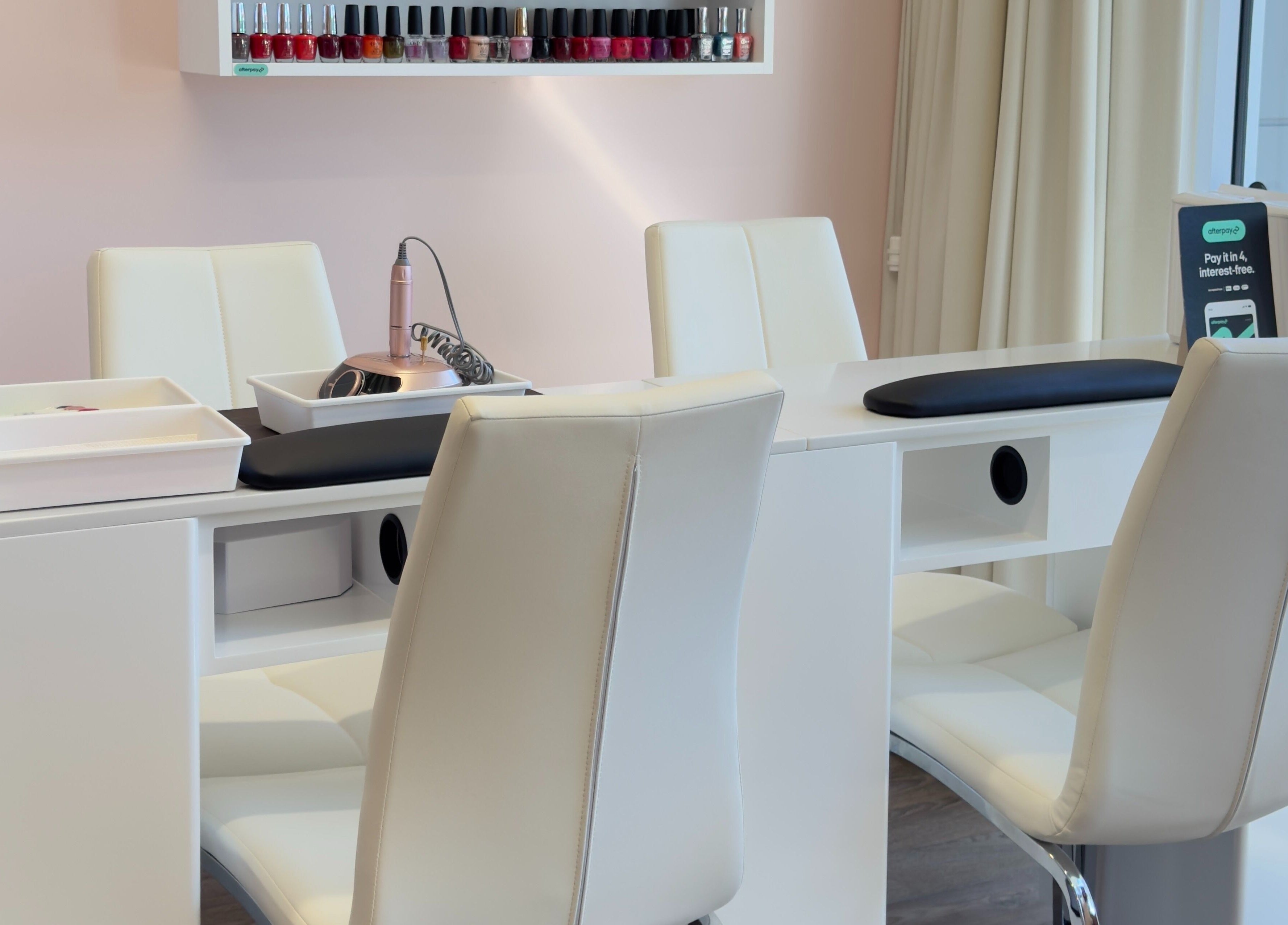Modern manicure station at Glowing Goddess Beauty, Christchurch, Canterbury, NZ.