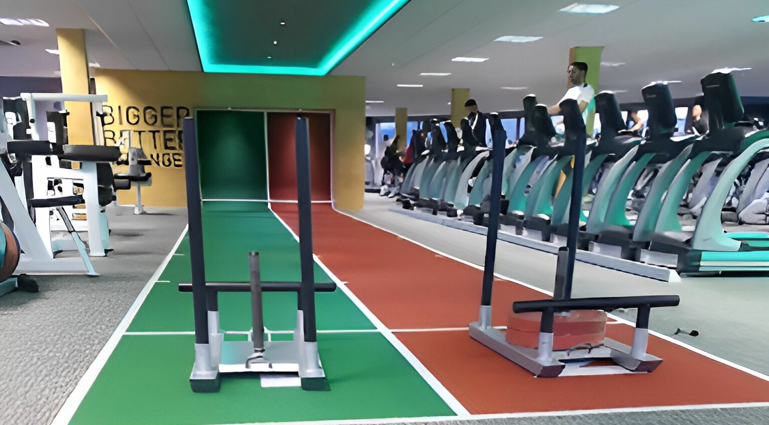 Modern gym equipment at Direct Gainz, Birmingham, England, GB, highlighting fitness spaces and workout zones.