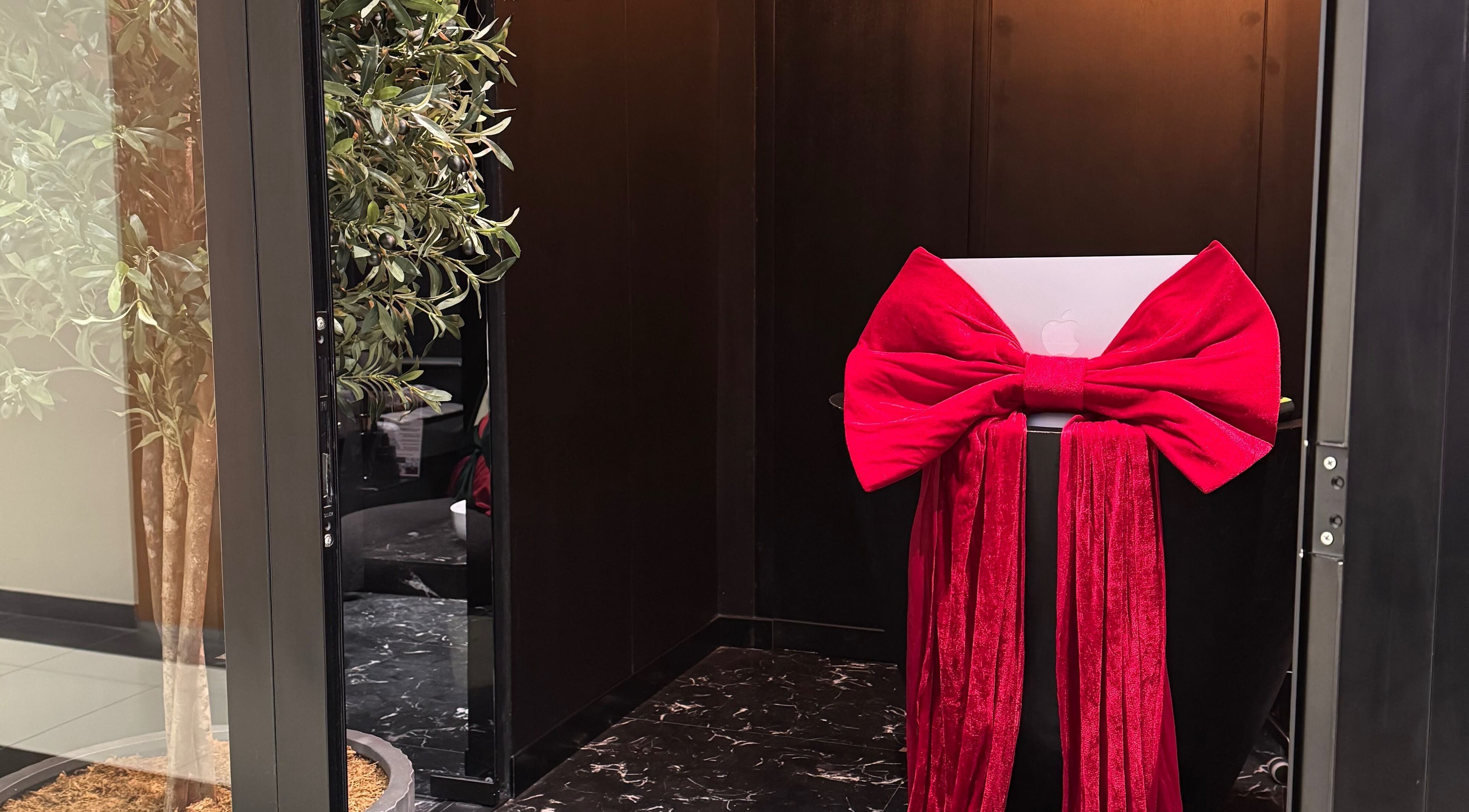 Elegant red ribbon decor at Aqua Face Facial Bar, Dubai, Dubai, AE. Luxurious entrance with greenery.
