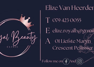 Contact details for Royal Beauty in Bloemfontein, Free State, ZA, in elegant font with floral accents.