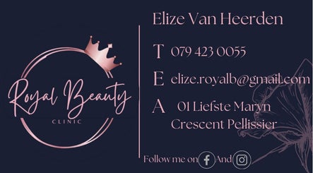 Contact details for Royal Beauty in Bloemfontein, Free State, ZA, in elegant font with floral accents.