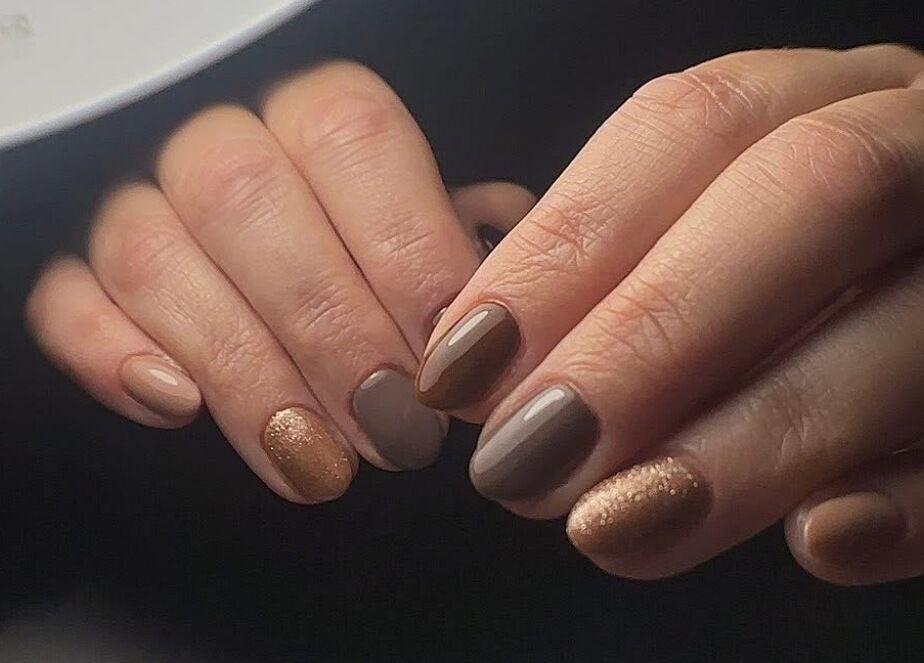 Stylish brown and gold manicure at House of Nostalgia- Salon & Academy, Leicestershire, England, GB.