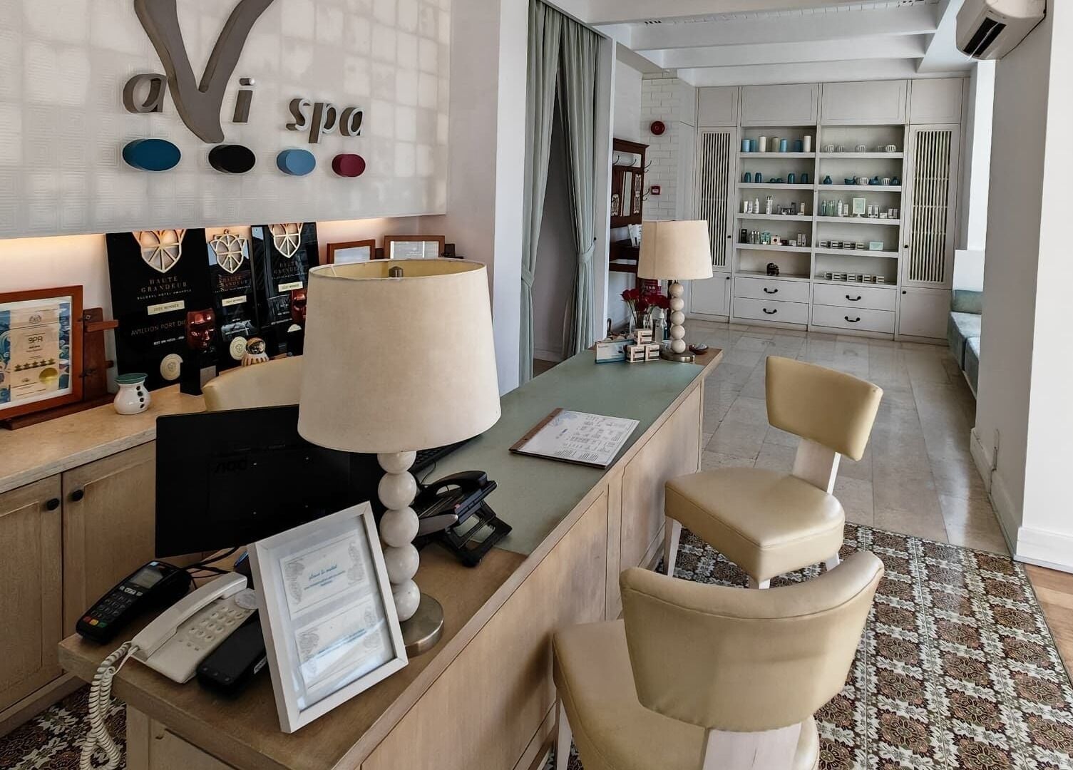 Reception area at aVi Spa, Port Dickson, Negeri Sembilan, MY featuring elegant decor and cozy seating.