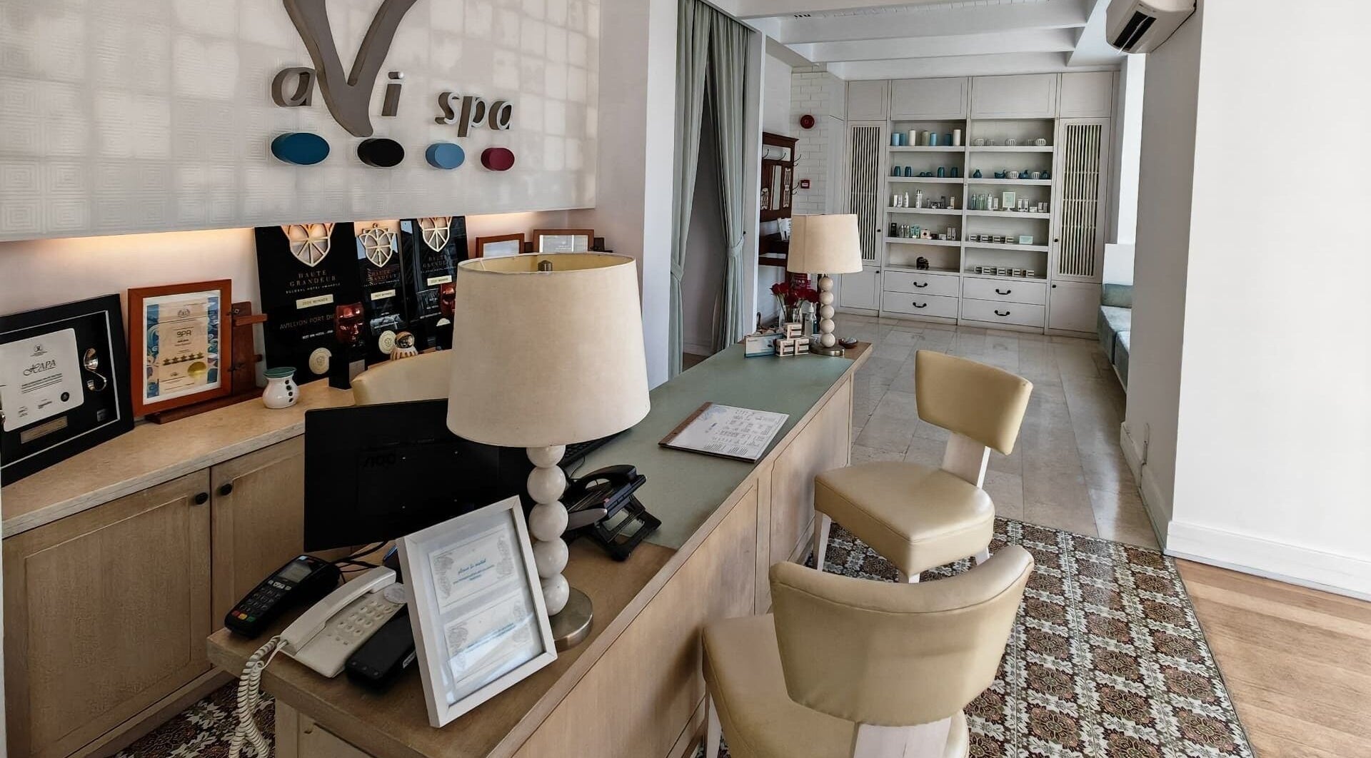 Reception area at aVi Spa, Port Dickson, Negeri Sembilan, MY featuring elegant decor and cozy seating.