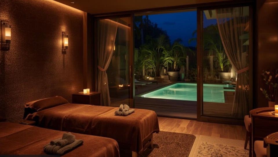 Elegant spa room at Impiana Port Dickson, Port Dickson, Negeri Sembilan, MY, with a pool view at night.
