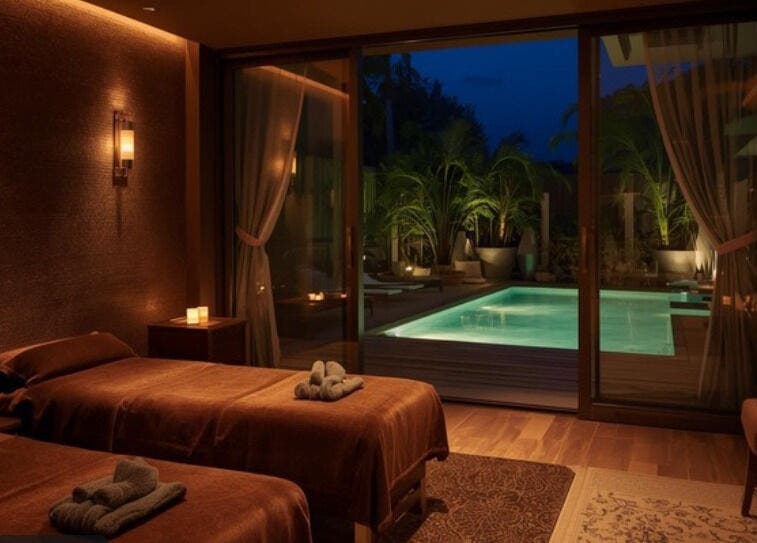 Elegant spa room at Impiana Port Dickson, Port Dickson, Negeri Sembilan, MY, with a pool view at night.
