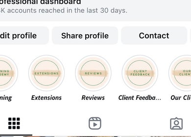 De La Mare's Instagram dashboard featuring highlights: Training, Extensions, Reviews in North Lanarkshire, UK, GB.