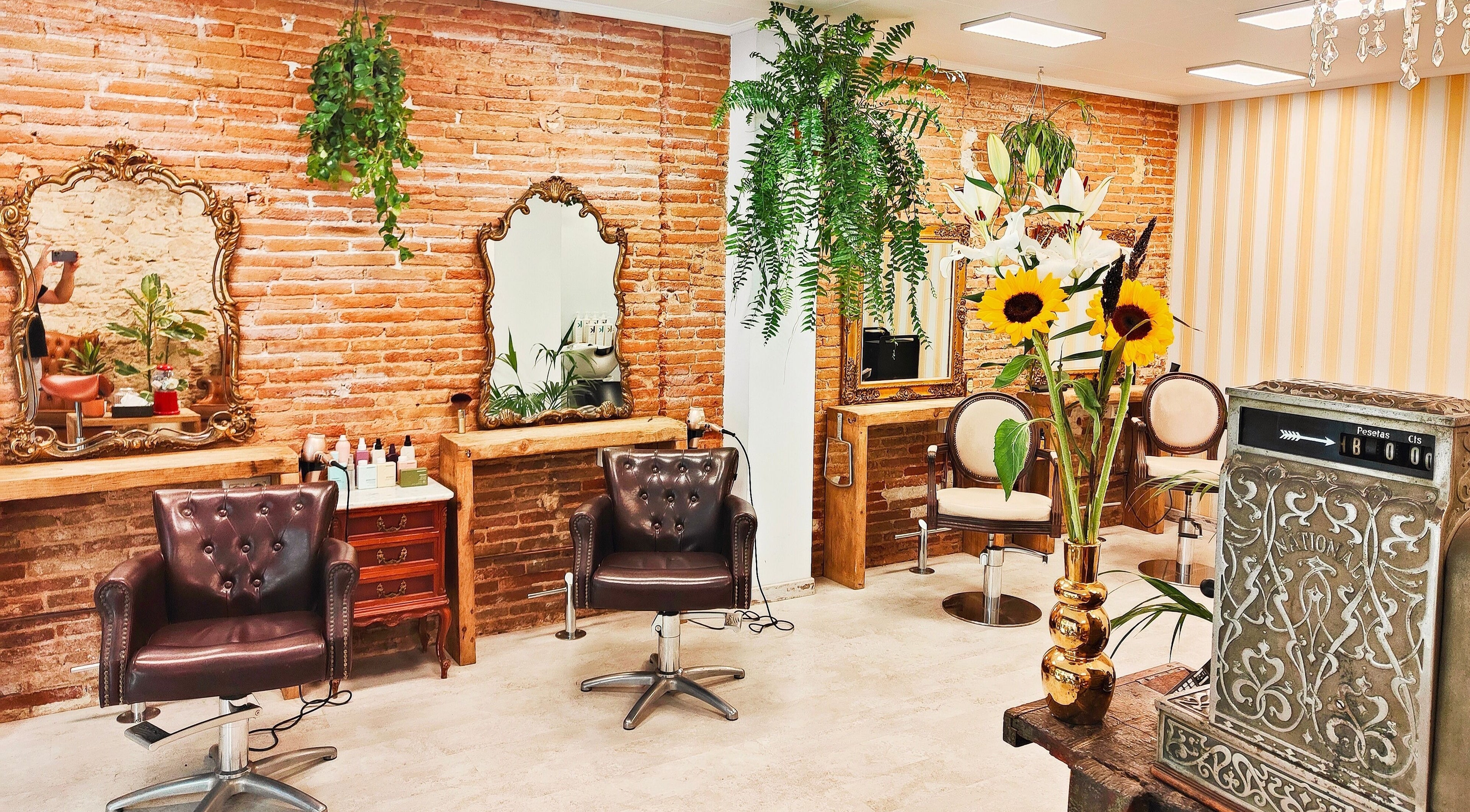 Interiores elegantes de Figaro Hair Salon Gracia en Barcelona, Catalunya, ES con espejos y plantas.