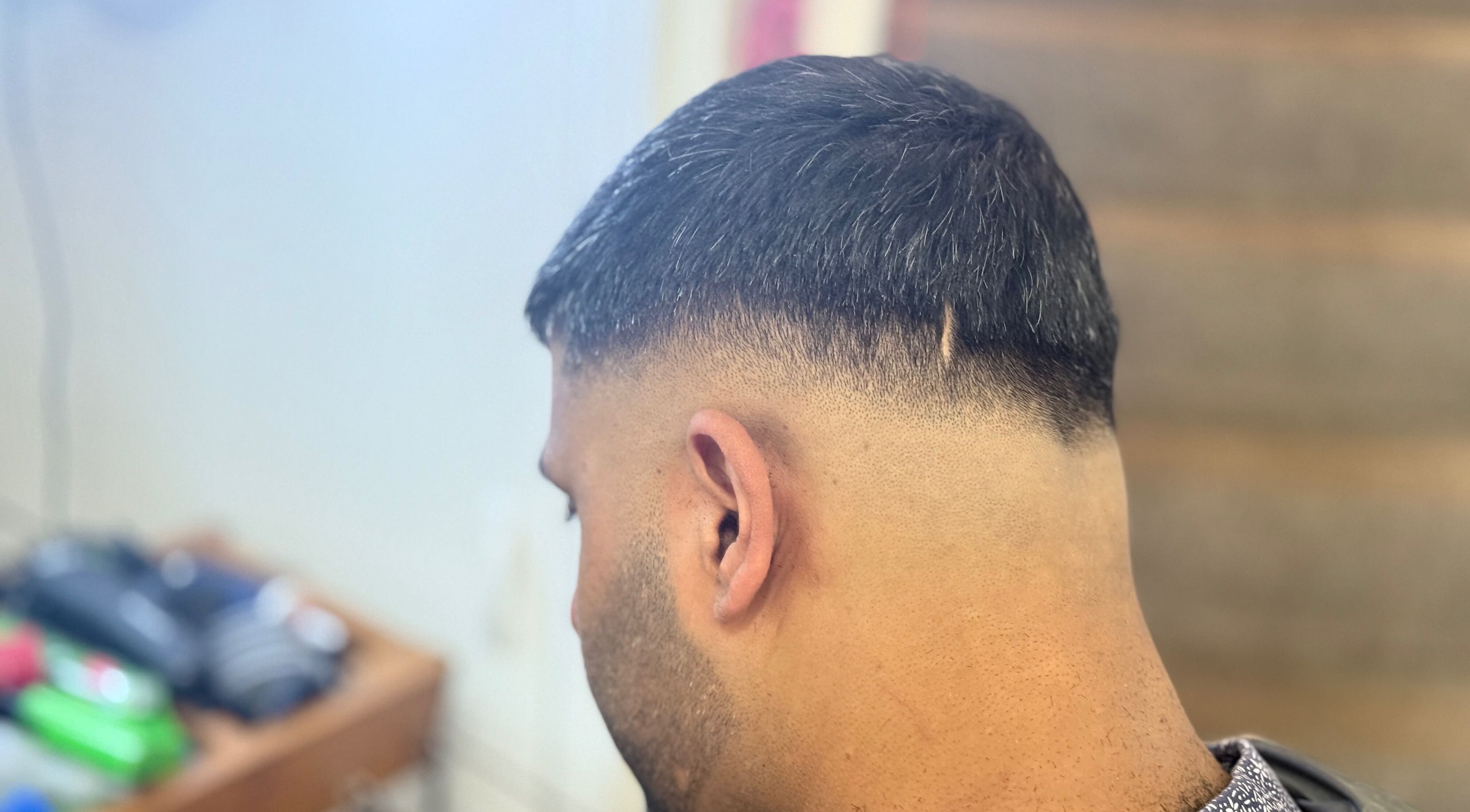 Close-up of a sharp fade haircut from FadeLinez (Peterborough Mobile Barber), Peterborough, England, GB.