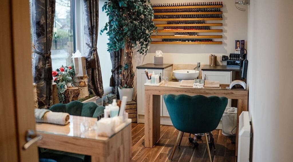 Elegant nail salon interior at Aimes Health & Beauty in Knaresborough, England, GB, featuring plush seating.