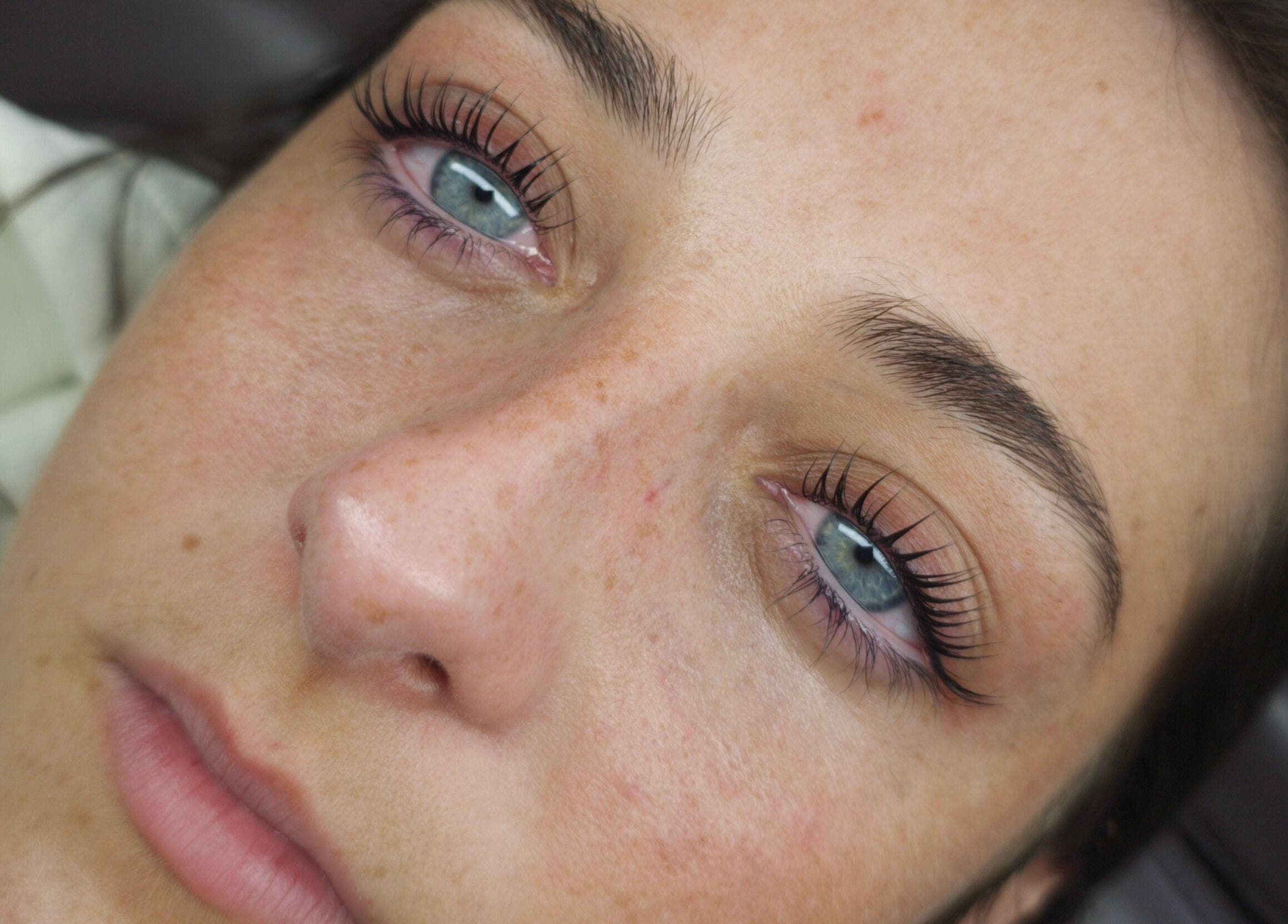 Close-up of luminous skin and lush lashes at Glass Skin Studio, Glasgow, Scotland, GB.