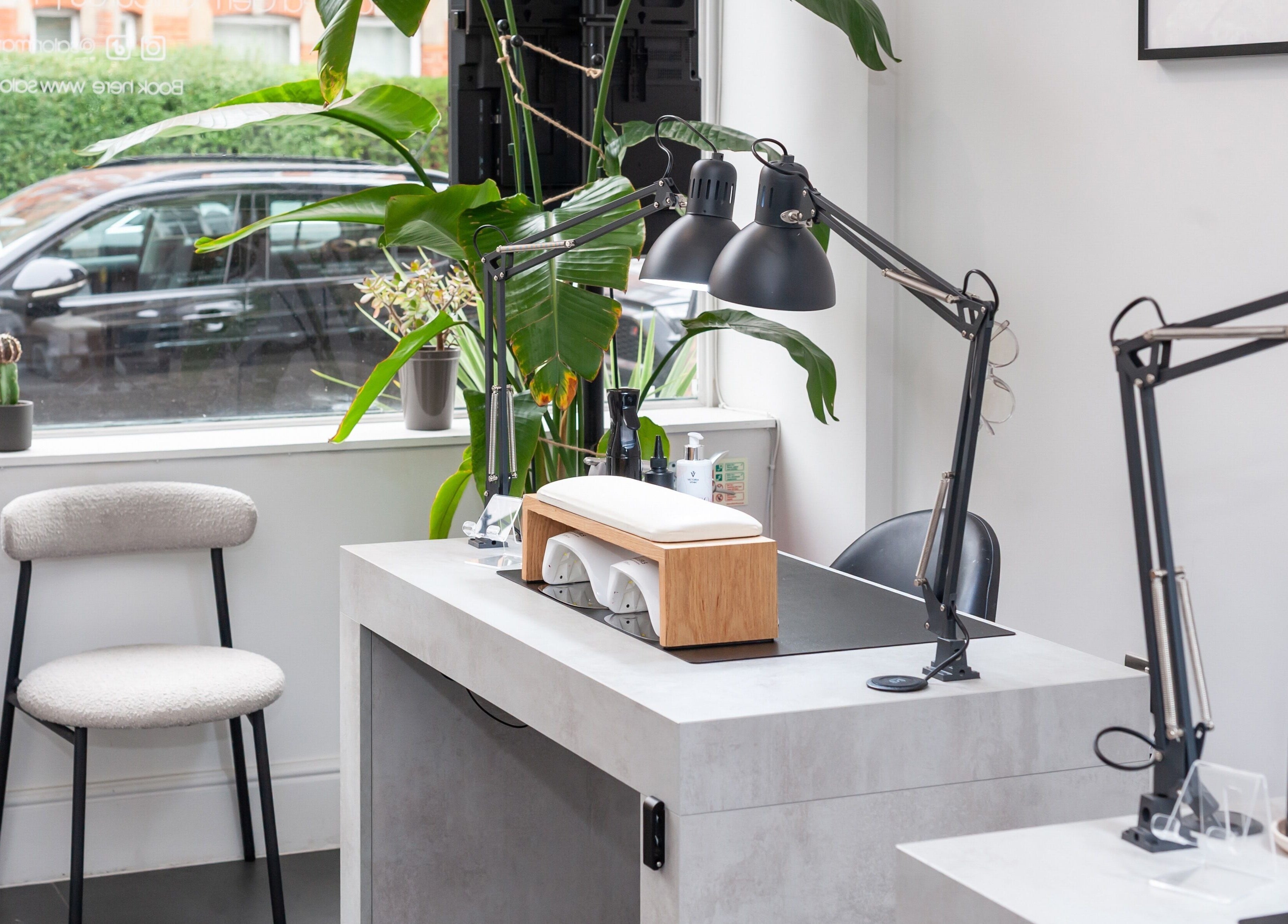 Modern nail station with plants at Salon Mari Chiswick, London, England, GB.