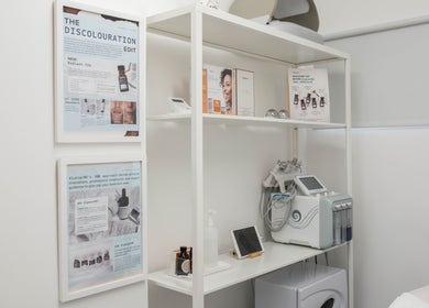 Skincare equipment and product displays at The Cure Clinic, London, England, GB.
