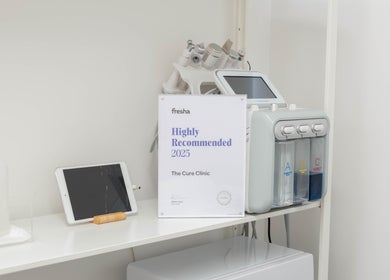 The Cure Clinic certificate in London, England, GB, with skincare devices and products on display.