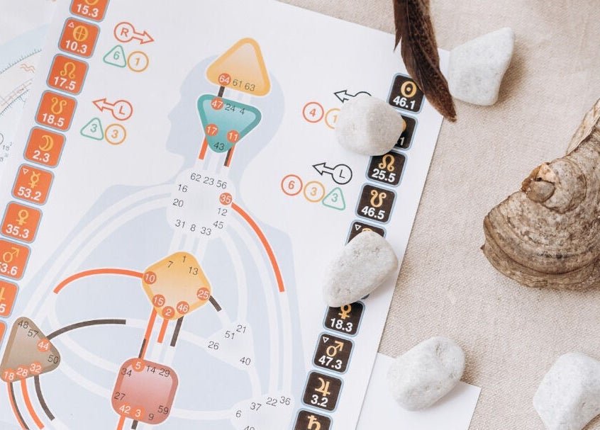 Reiki chart with stones at Land of Reiki and Aroma by Sol, Sutton-in-Ashfield, England, GB.