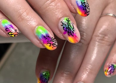 Vibrant neon nail art at Rebecca-Emilie Nails & Beauty, Castle Donington, England, GB.