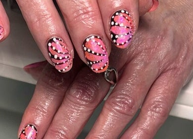 Colorful nail art at Rebecca-Emilie Nails & Beauty, Castle Donington, England, GB.