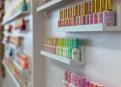 Nail polish shelves at St. Catharines / R. Luxury Nails & Beauty, St. Catharines, Ontario, CA.