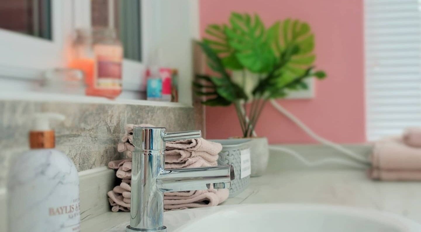 Elegant sink area at Pro Radiance, Havant, England, GB, featuring lush plants and soft towels.