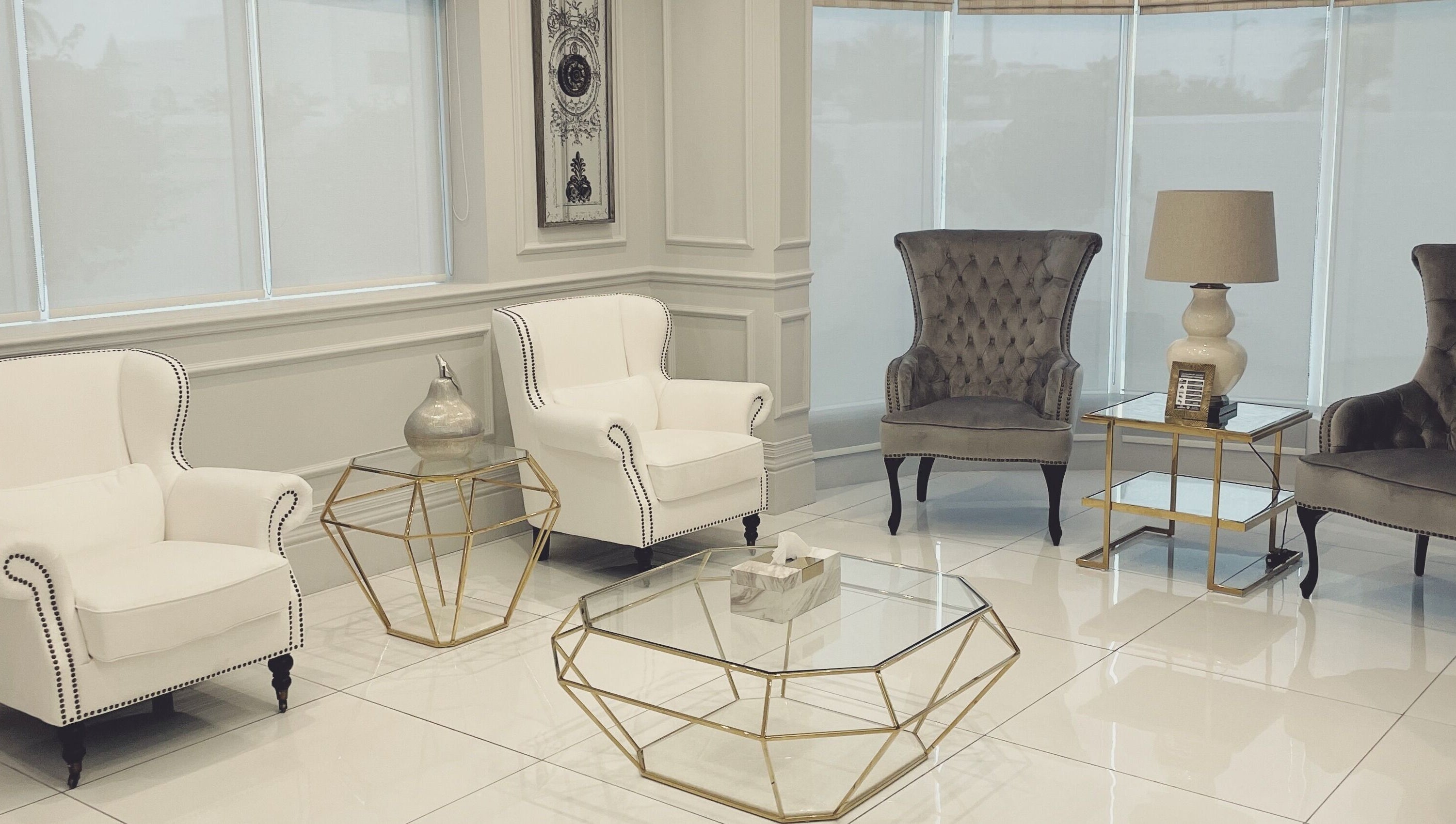 Chic lounge at Brows by Patsy, Dubai, Dubai, AE, featuring plush chairs and glass tables.